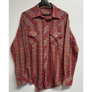 Vintage Mens PJ Western Wear Mareh Pearl Snap Shirt Size L Red Plaid Metallic